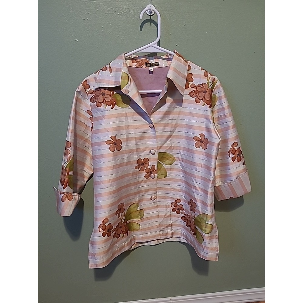 Vintage Thai Silk Floral Pink And White Striped Blazer 100% Silk Size‎ 42
